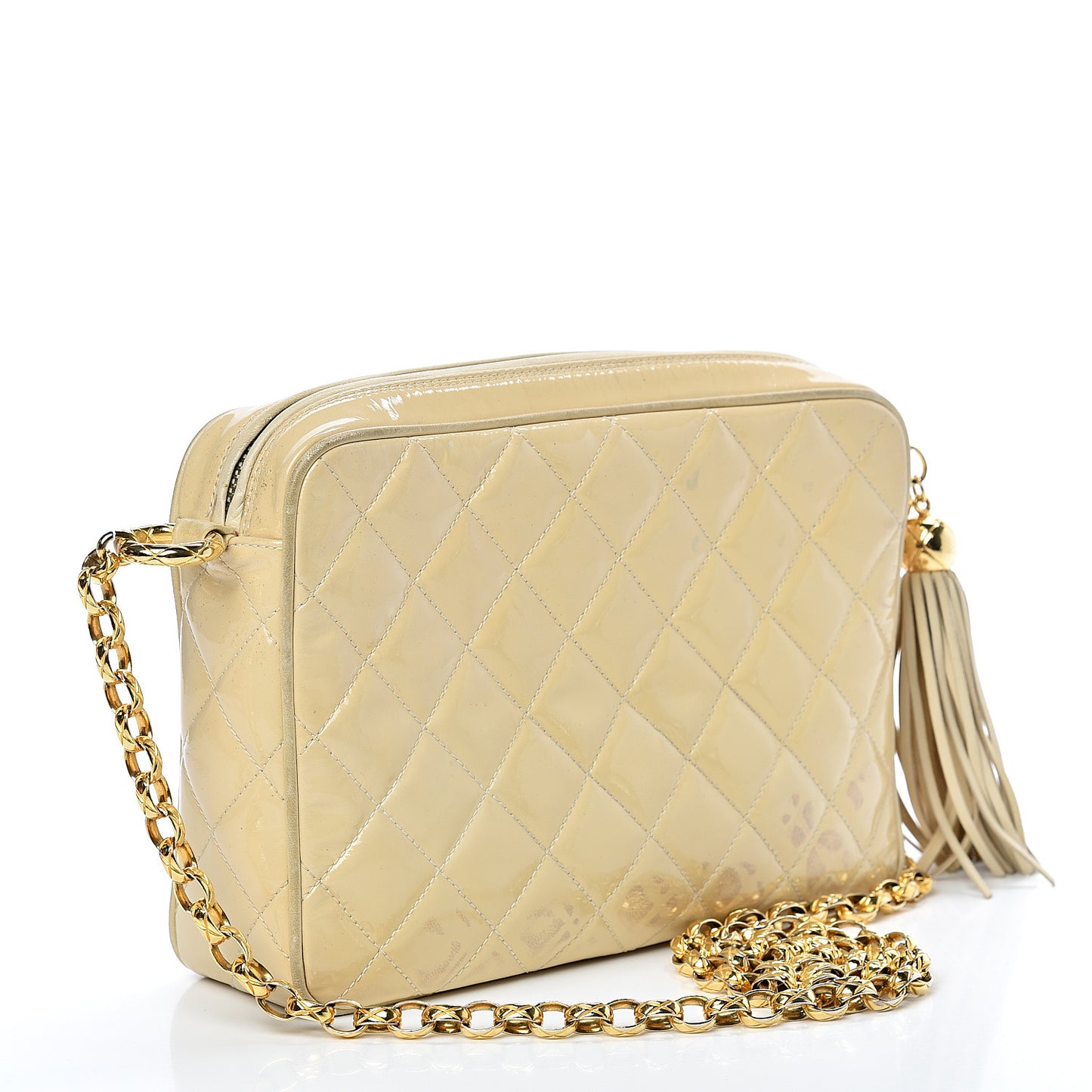 Patent Quilted Tassel Camera Case Beige