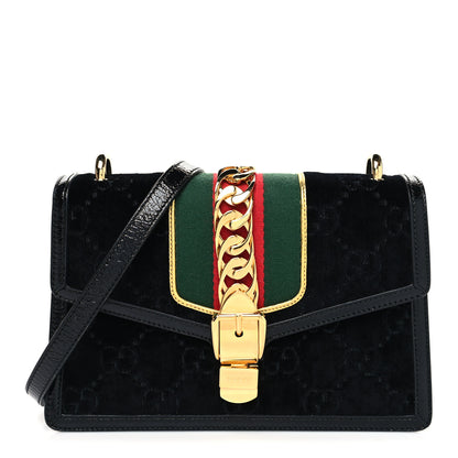 Gucci Velvet GG Monogram Small Sylvie Shoulder Bag Black 1 of 9