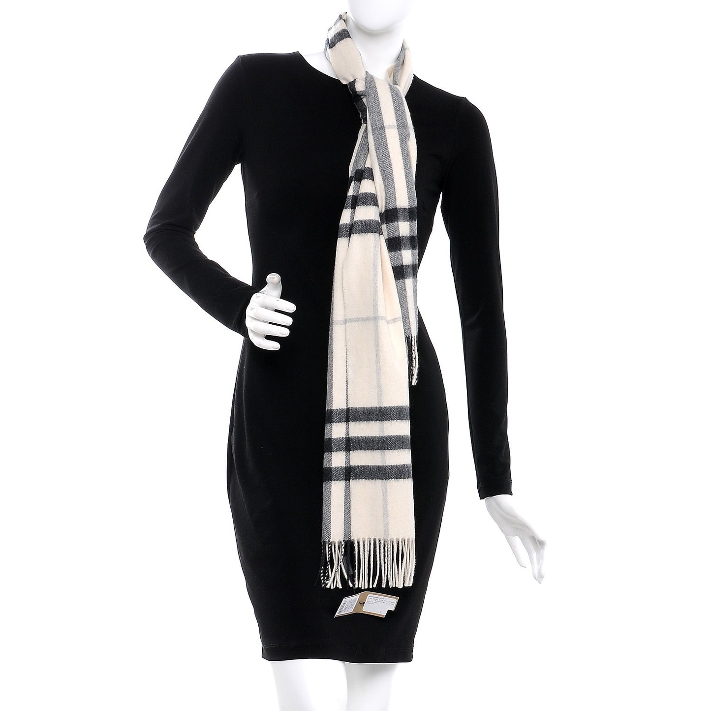 Cashmere Giant Check Fringe Scarf Natural White