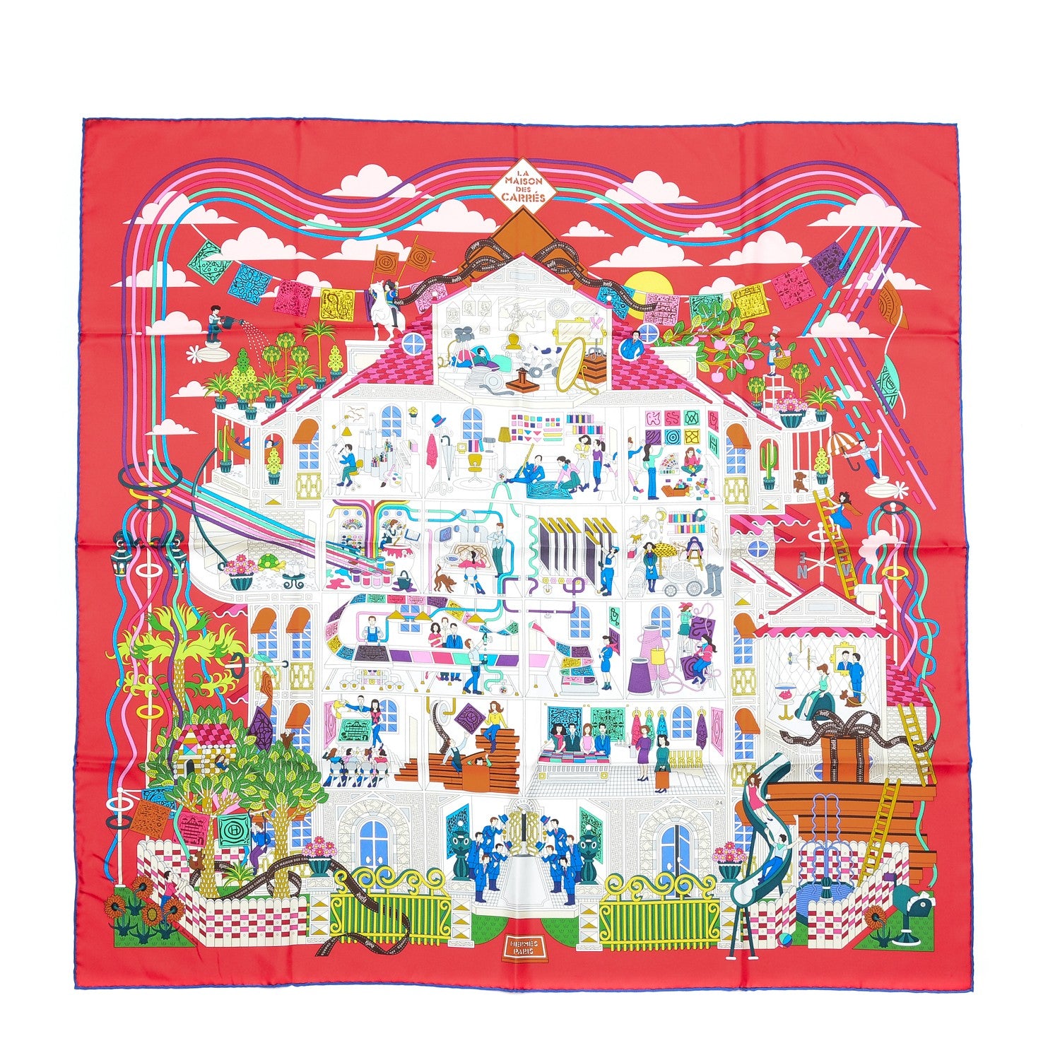 Hermes Silk La Maizeon des Carrés Scarf 90 Rouge Blanc Vert 1 of 8