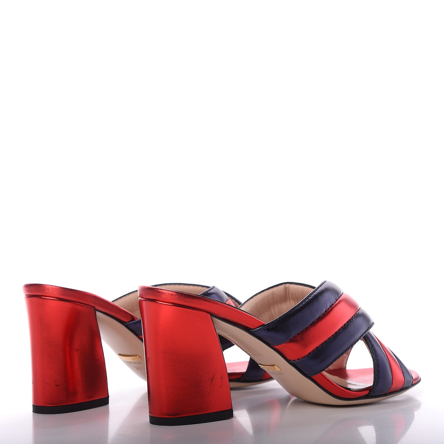 Gucci Metallic Nappa Crossover Mid Heel Slide Sandals 39.5 Blue Flame Red 4 of 9