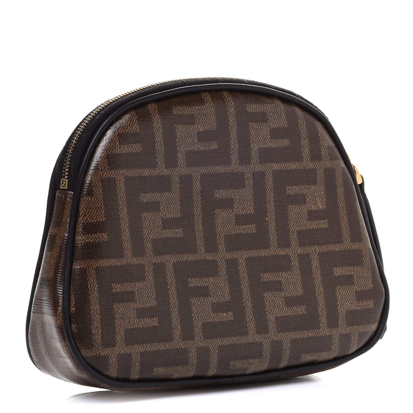 Glazed Fabric Vitello Century FF 1974 Stamp Patch Medium Cosmetic Case Mogano Panna Black