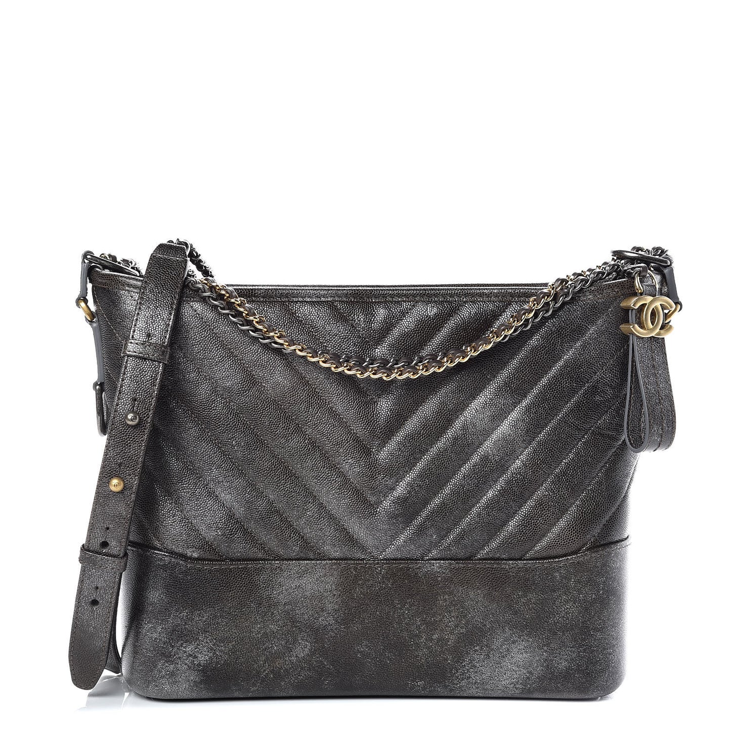 Metallic Caviar Chevron Quilted Medium Gabrielle Hobo Dark Silver Gold