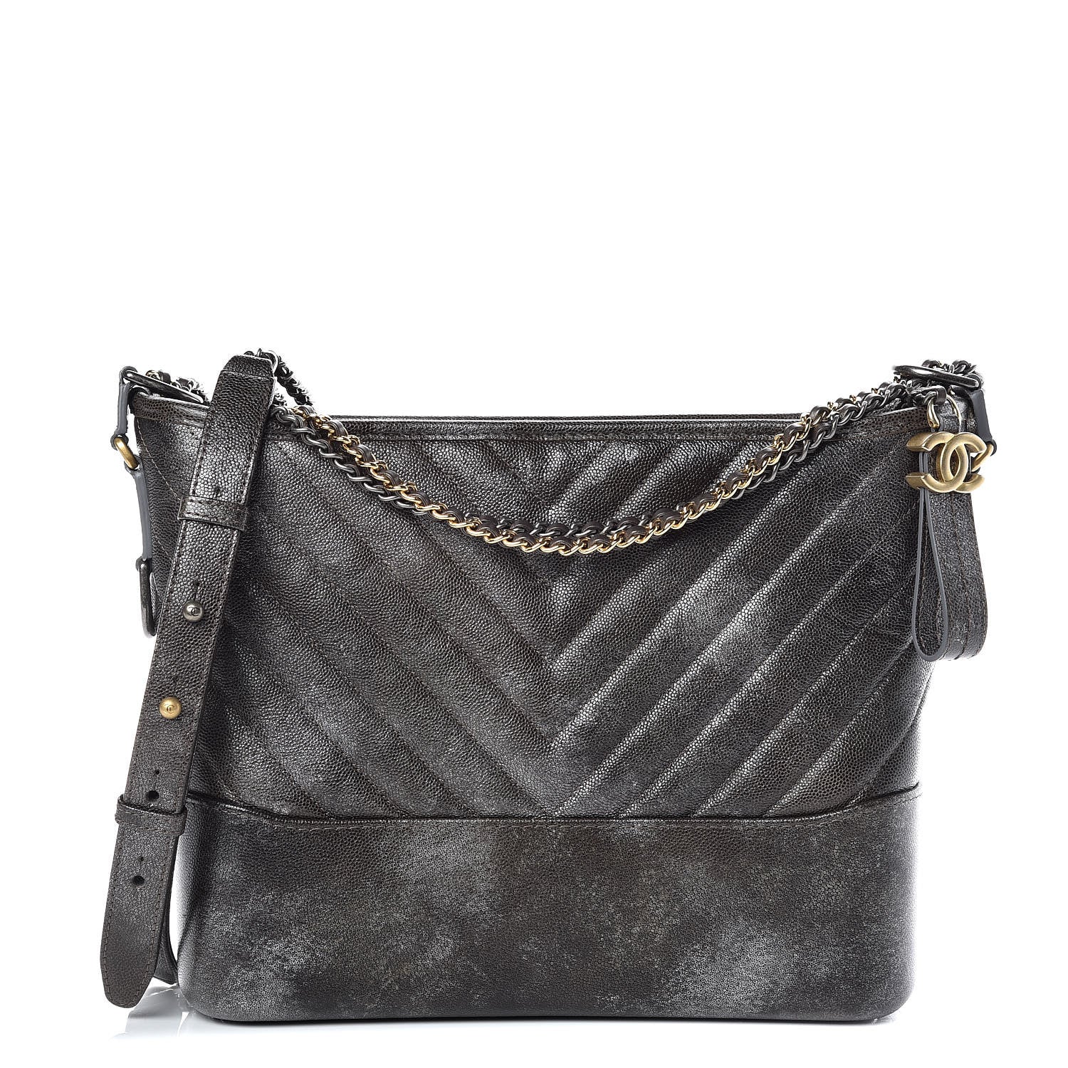 Chanel Metallic Caviar Chevron Quilted Medium Gabrielle Hobo Dark Silver Gold 1 of 9