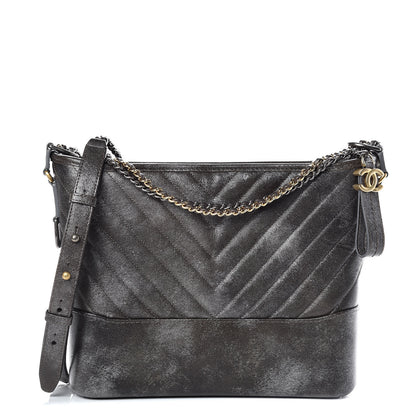 Chanel Metallic Caviar Chevron Quilted Medium Gabrielle Hobo Dark Silver Gold 1 of 9