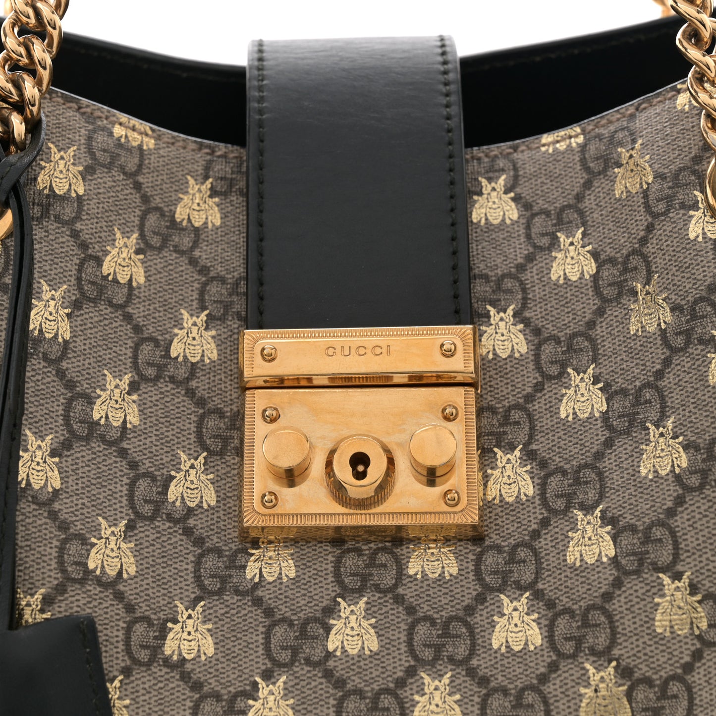 GG Supreme Monogram Bees Medium Padlock Tote Beige Oro Black