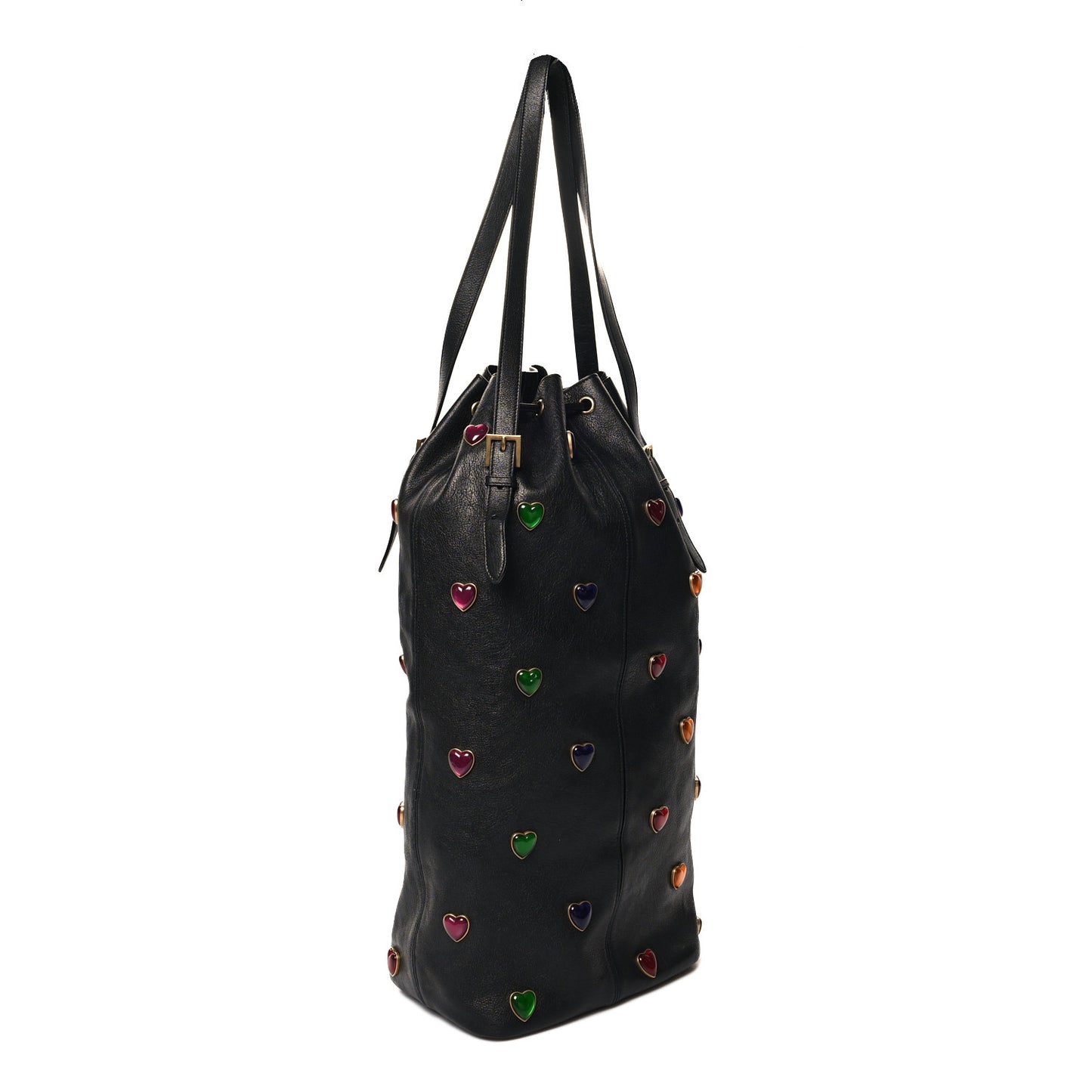 Lambskin Medium Heart Studded Riva Drawstring Bag Black