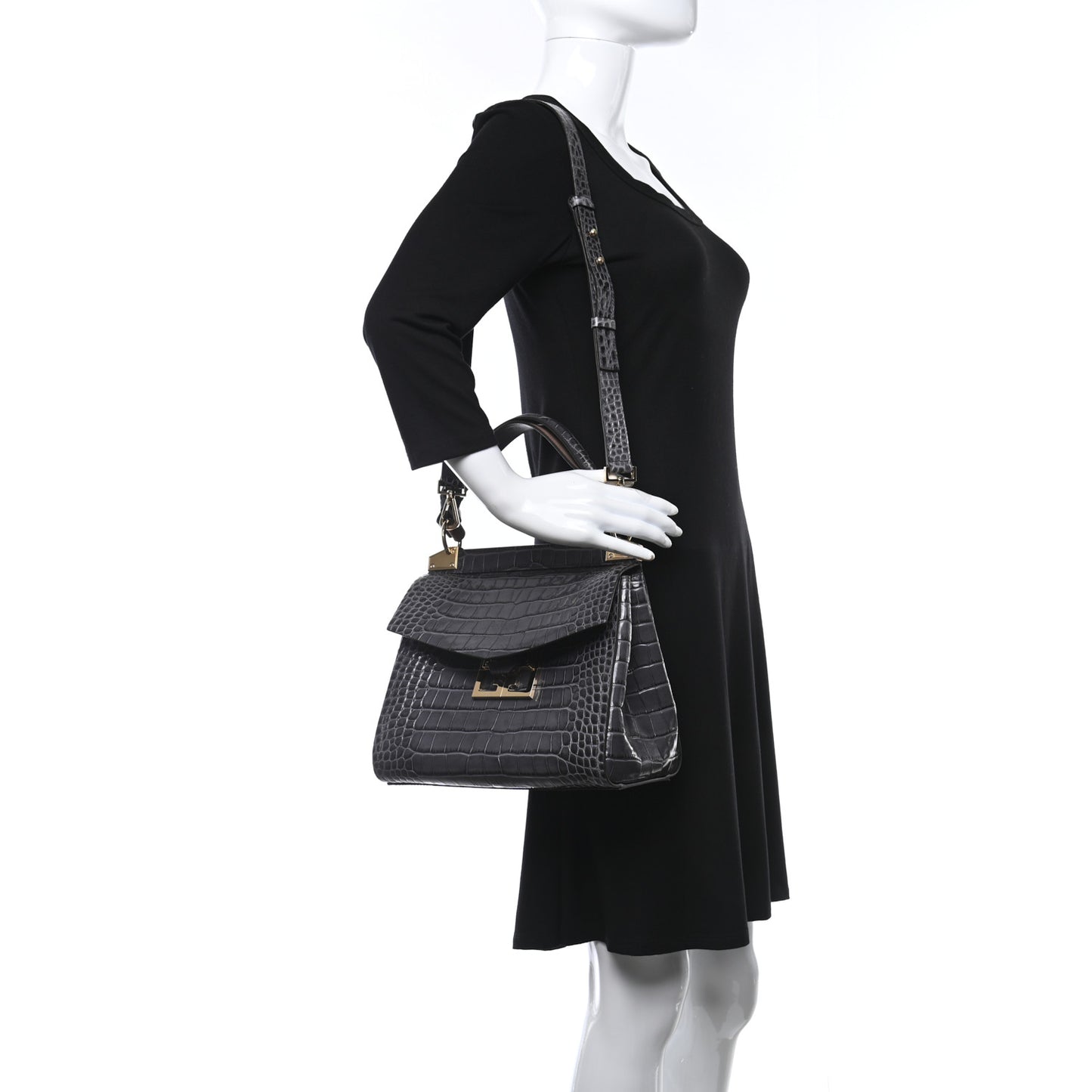 Calfskin Crocodile Embossed Small Mystic Shoulder Bag Storm Grey
