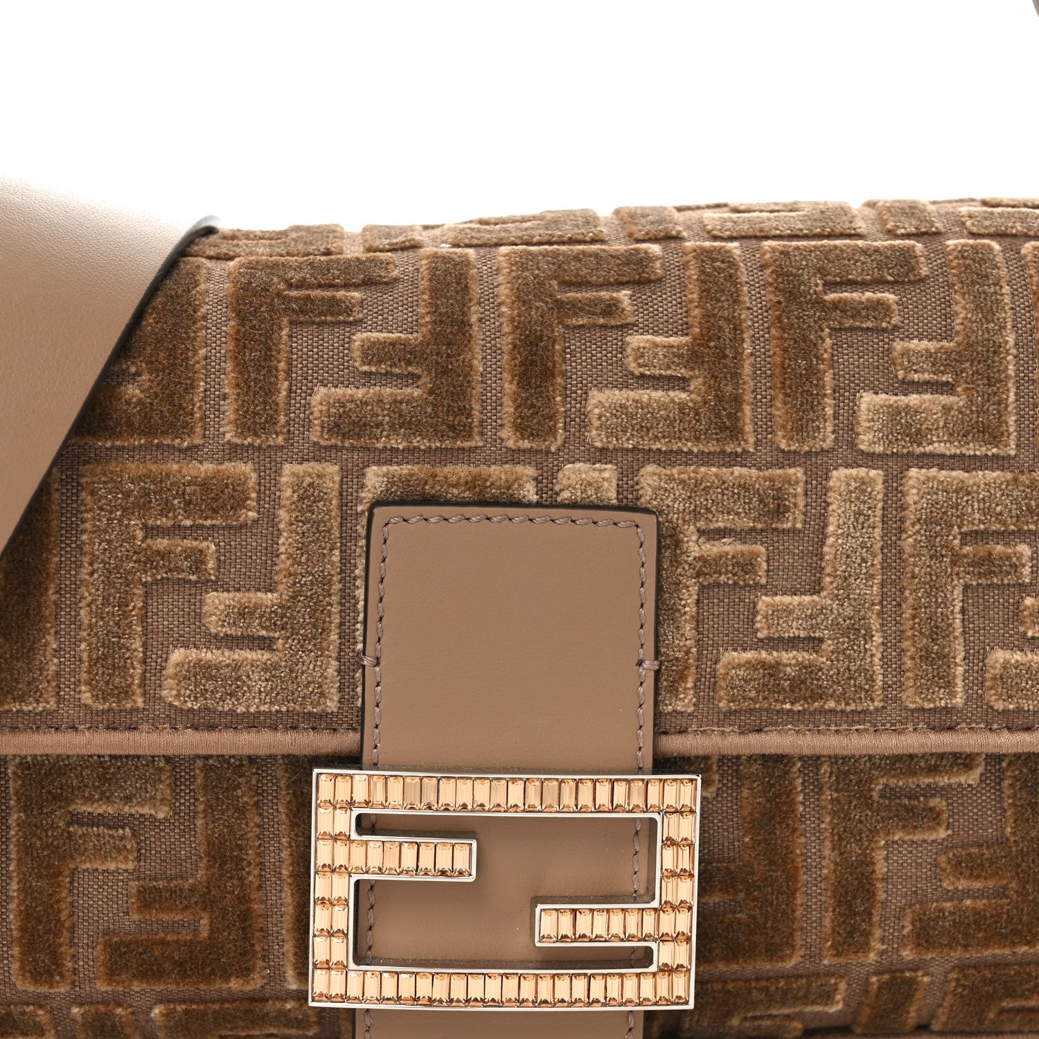Fendi Velvet Jacquard FF Crystal Embossed Baguette Cappuccino 9 of 11