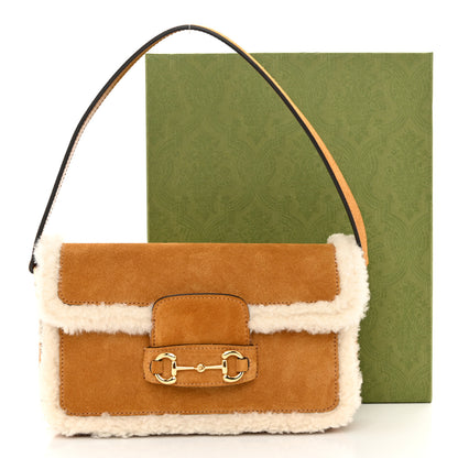 Gucci Suede Shearling Horsebit Mini 1955 Shoulder Bag Honey Beige Milk 13 of 13