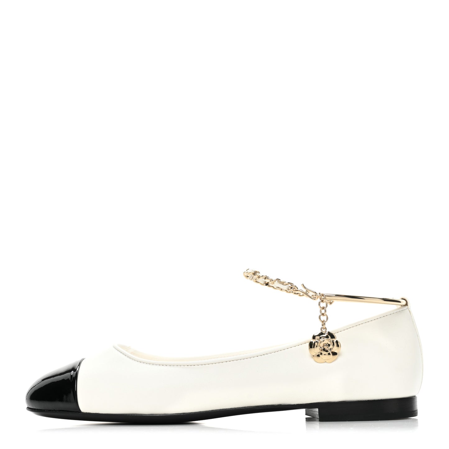 Lambskin Patent Calfskin Cap Toe Ankle Chain Ballerina Flats 37.5 White Black