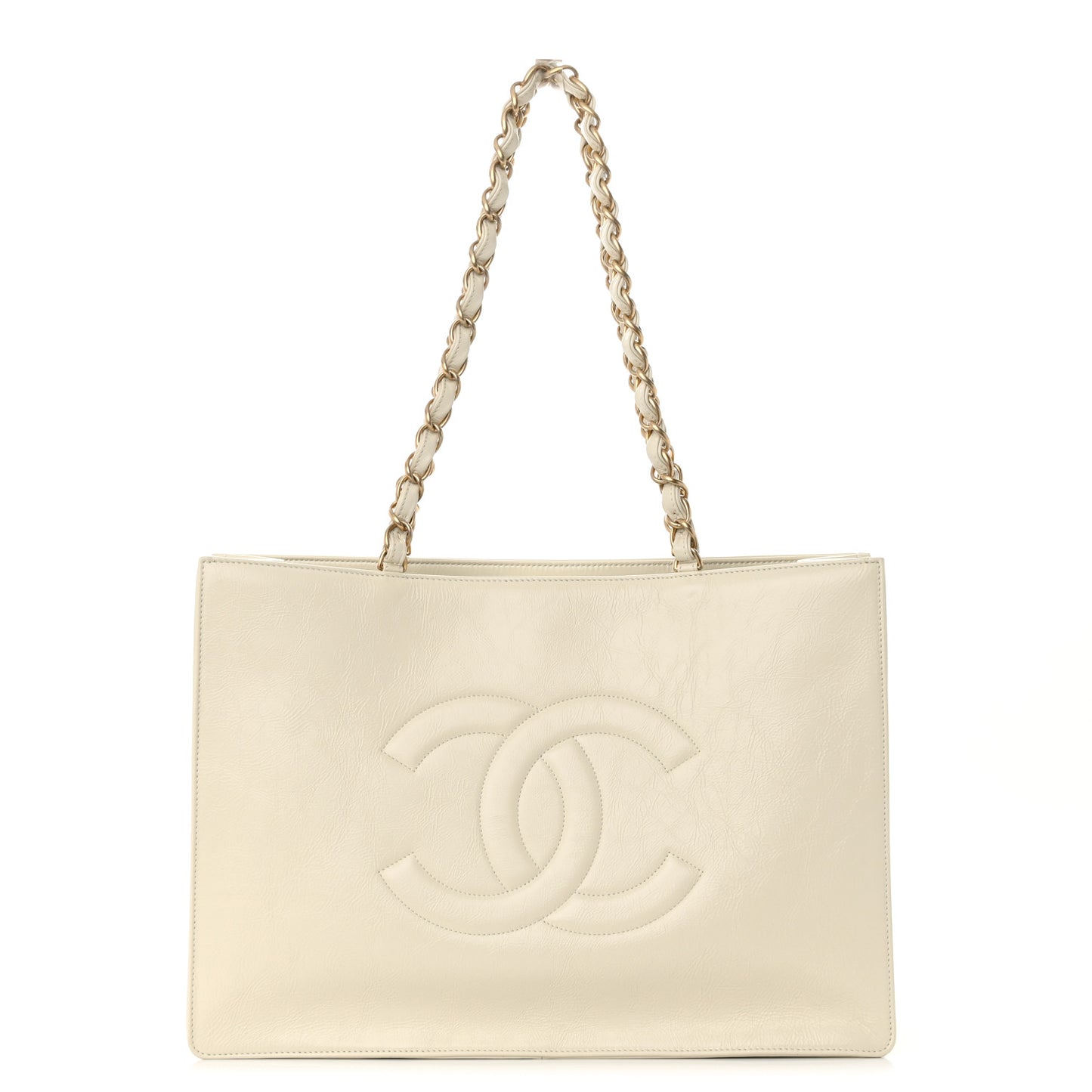 Shiny Aged Calfskin Shopping Bag White