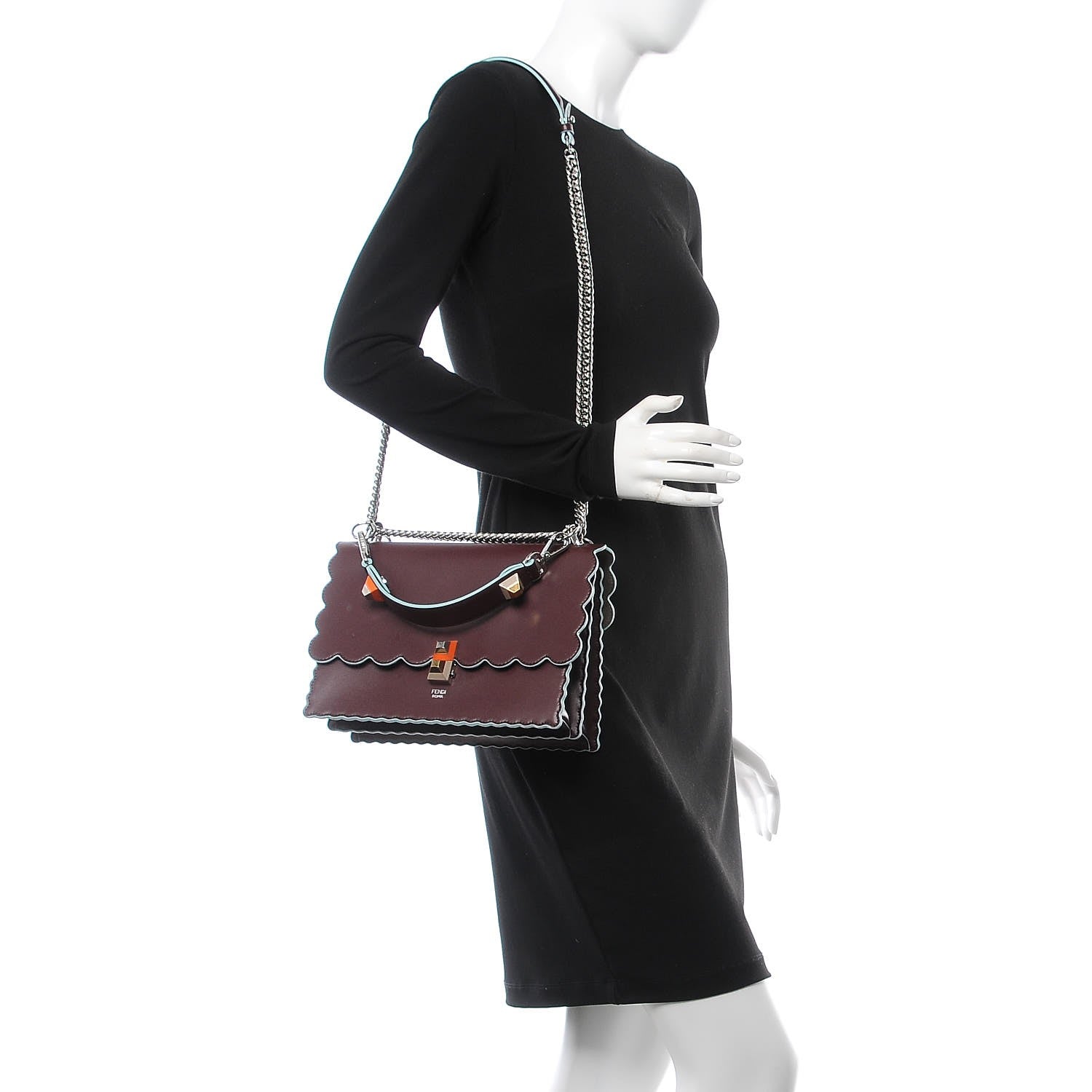 Fendi Vitello Liberty Scalloped Studded Kan I Shoulder Bag Bordeaux 2 of 8