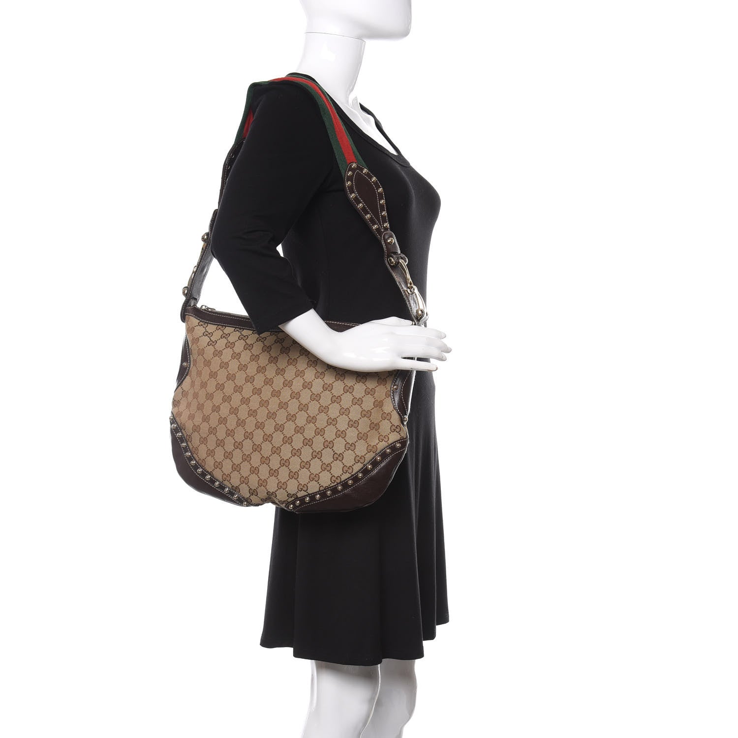 Gucci Monogram Web Studded Pelham Shoulder Bag Dark Brown 2 of 10