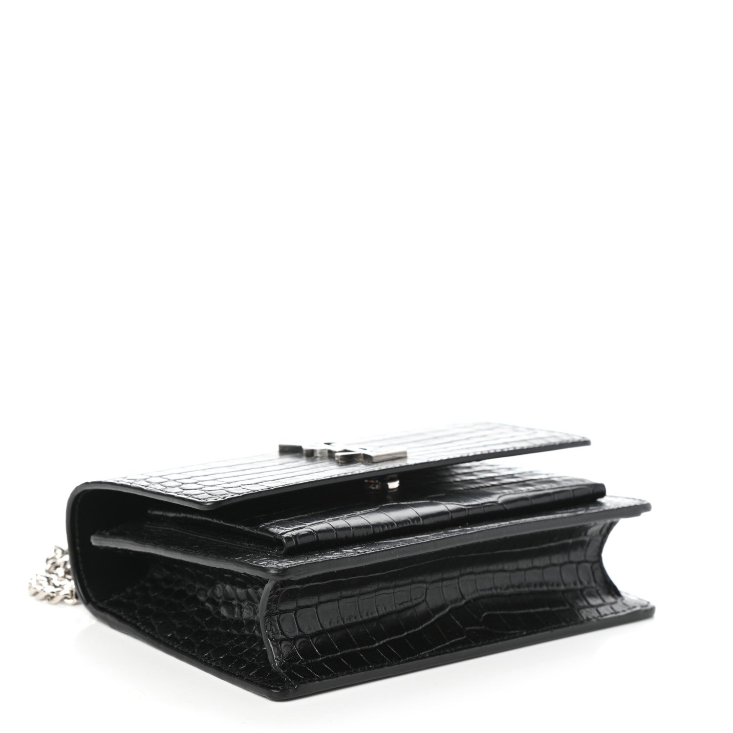 Saint Laurent Calfskin Crocodile Embossed Monogram Sunset Chain Wallet Black 4 of 8