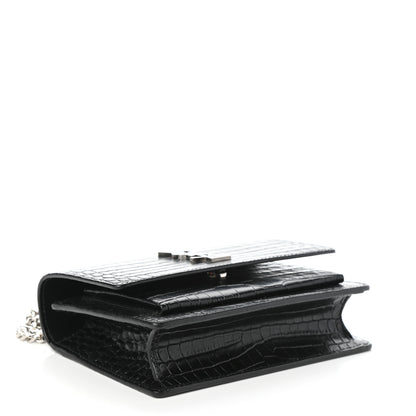 Saint Laurent Calfskin Crocodile Embossed Monogram Sunset Chain Wallet Black 4 of 8