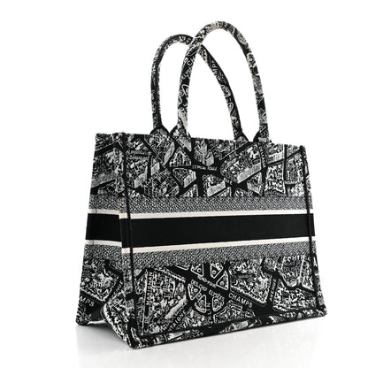 Christian Dior Canvas Embroidered Medium Plan De Paris Book Tote Black White 3 of 10