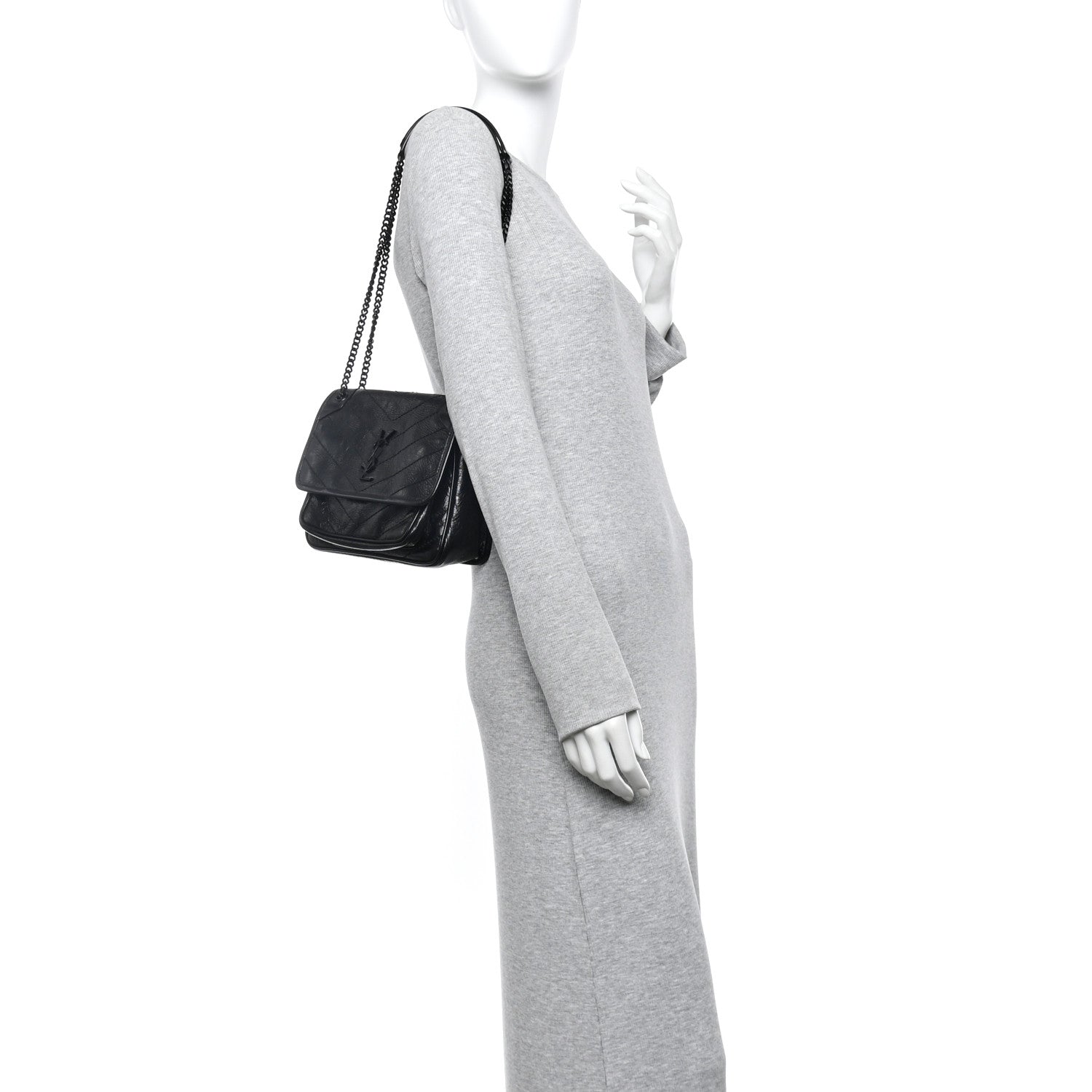 Saint Laurent Crinkled Calfskin Matelasse Monogram Baby Niki Chain Satchel Black 2 of 13