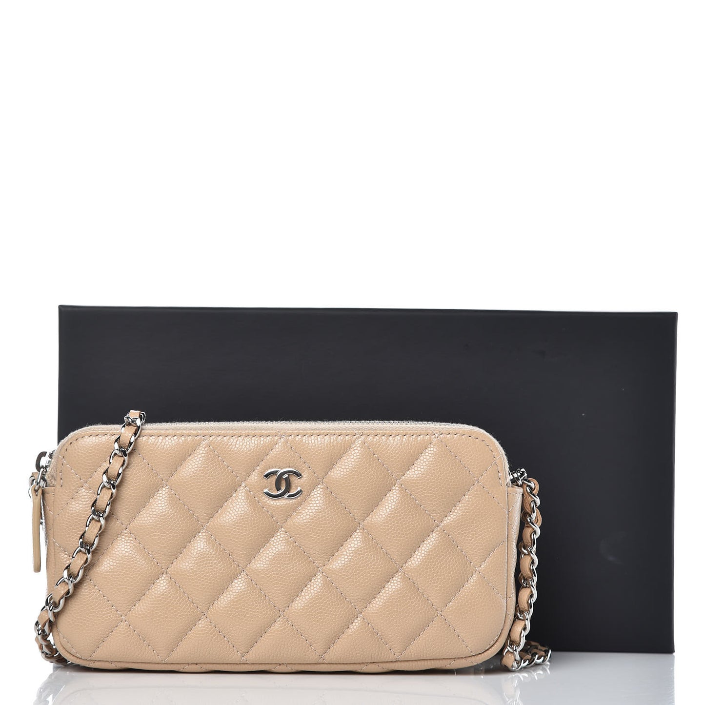 Caviar Quilted Small Clutch With Chain Beige