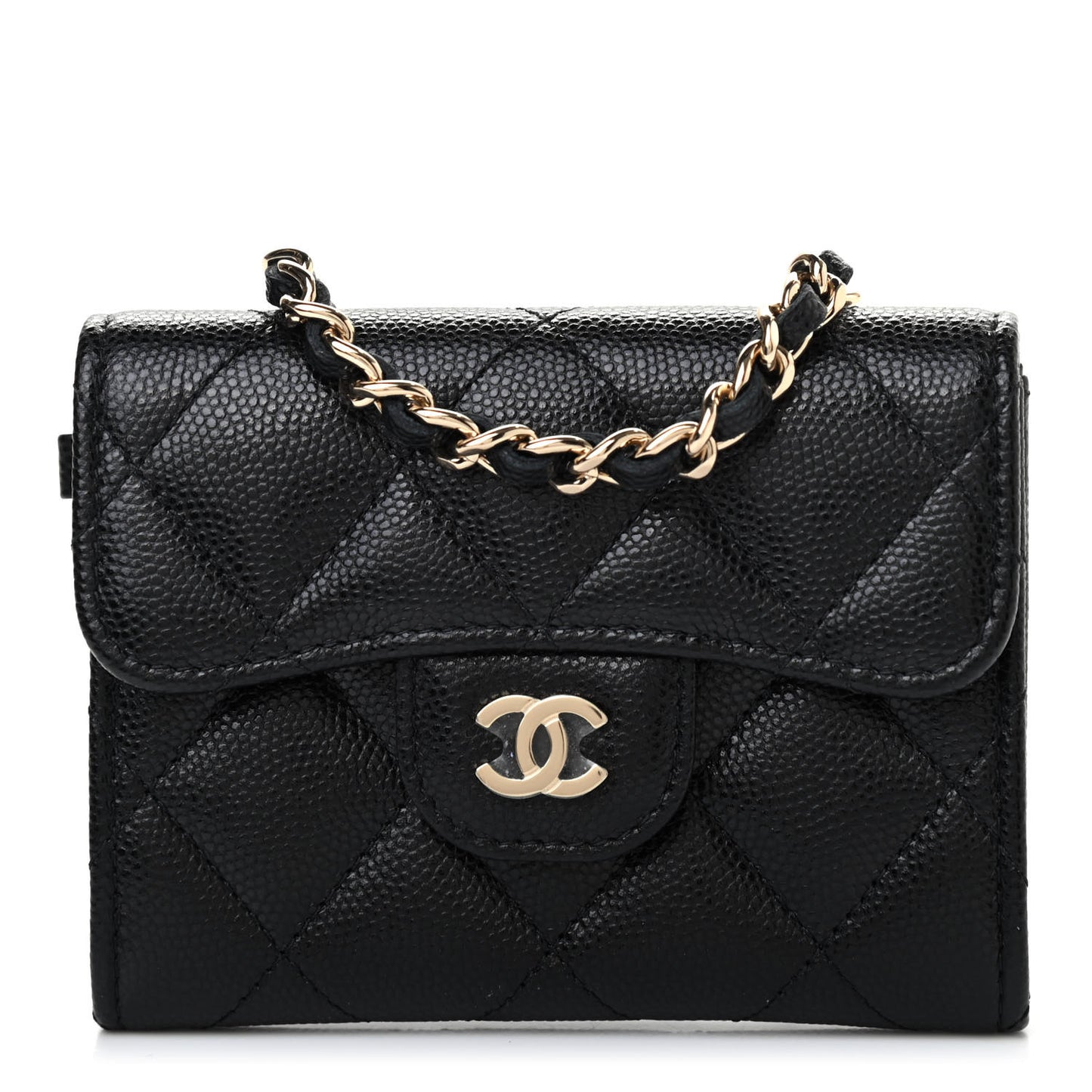 Caviar Quilted Flap Card Holder Chain Wristlet Black