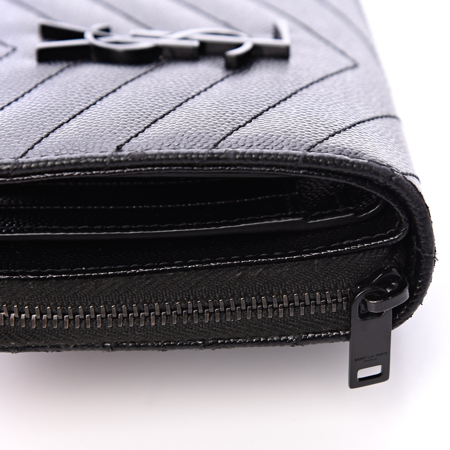 Saint Laurent Grain De Poudre Matelasse Chevron Monogram Compact Zip Around Wallet Black 8 of 11