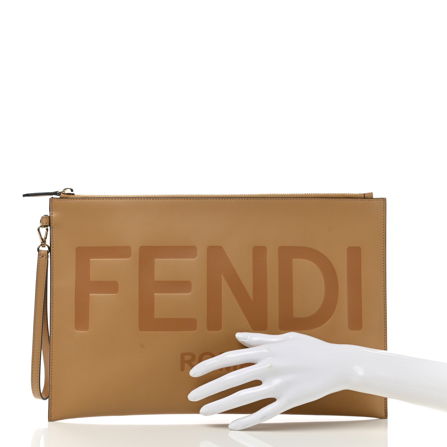 Fendi Vitello King Logo Embossed Large Flat Pouch Miele Scuro 2 of 8