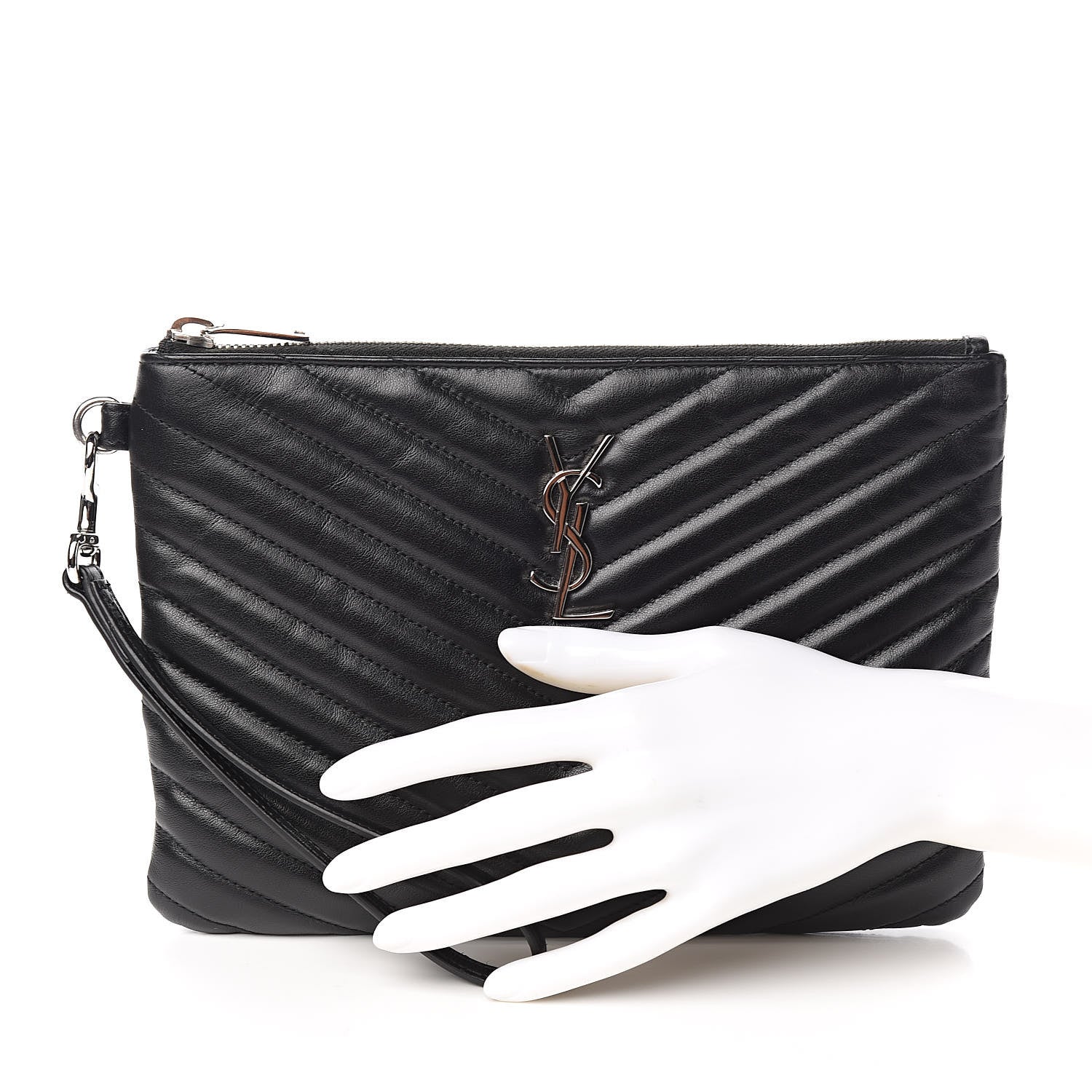 Saint Laurent Calfskin Matelasse Chevron Monogram A5 Wristlet Black 2 of 7