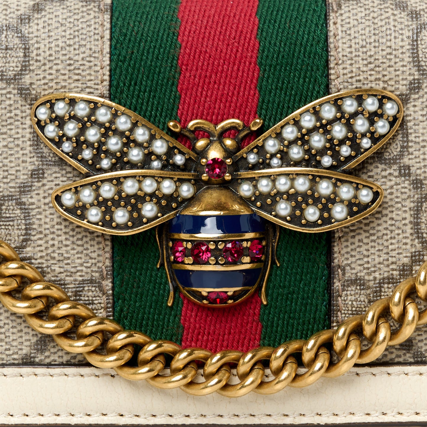 GG Supreme Monogram Web Queen Margaret Chain Wallet White