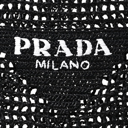 Prada Yarn Raffia Effect Crochet Logo Embroidered Tote Bag Black 9 of 9