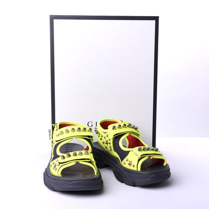Gucci Technical Canvas Calfskin Studded Mens Aguru Sandals 7 Neon Yellow 9 of 9