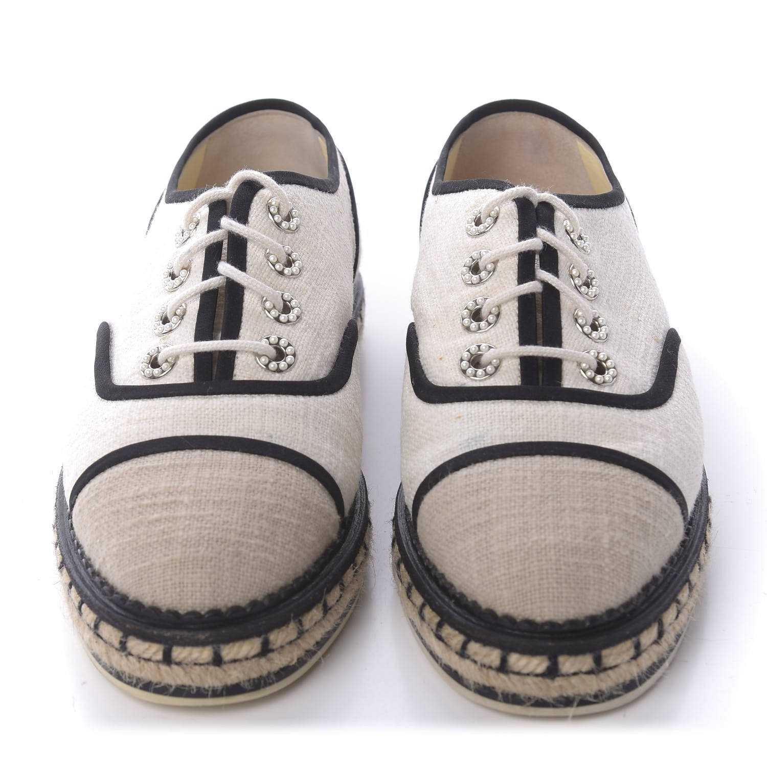 Chanel Cotton Lace Up Espadrilles 37 Light Beige 2 of 9