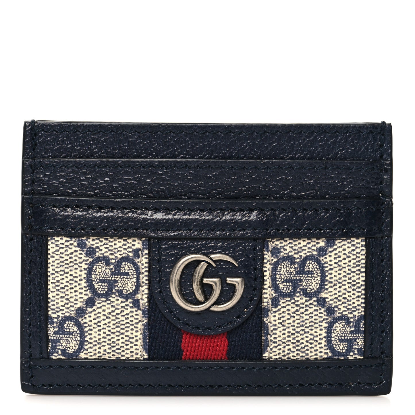 GG Supreme Monogram Textured Dollar Calfskin Web Ophidia Card Holder Beige Blue