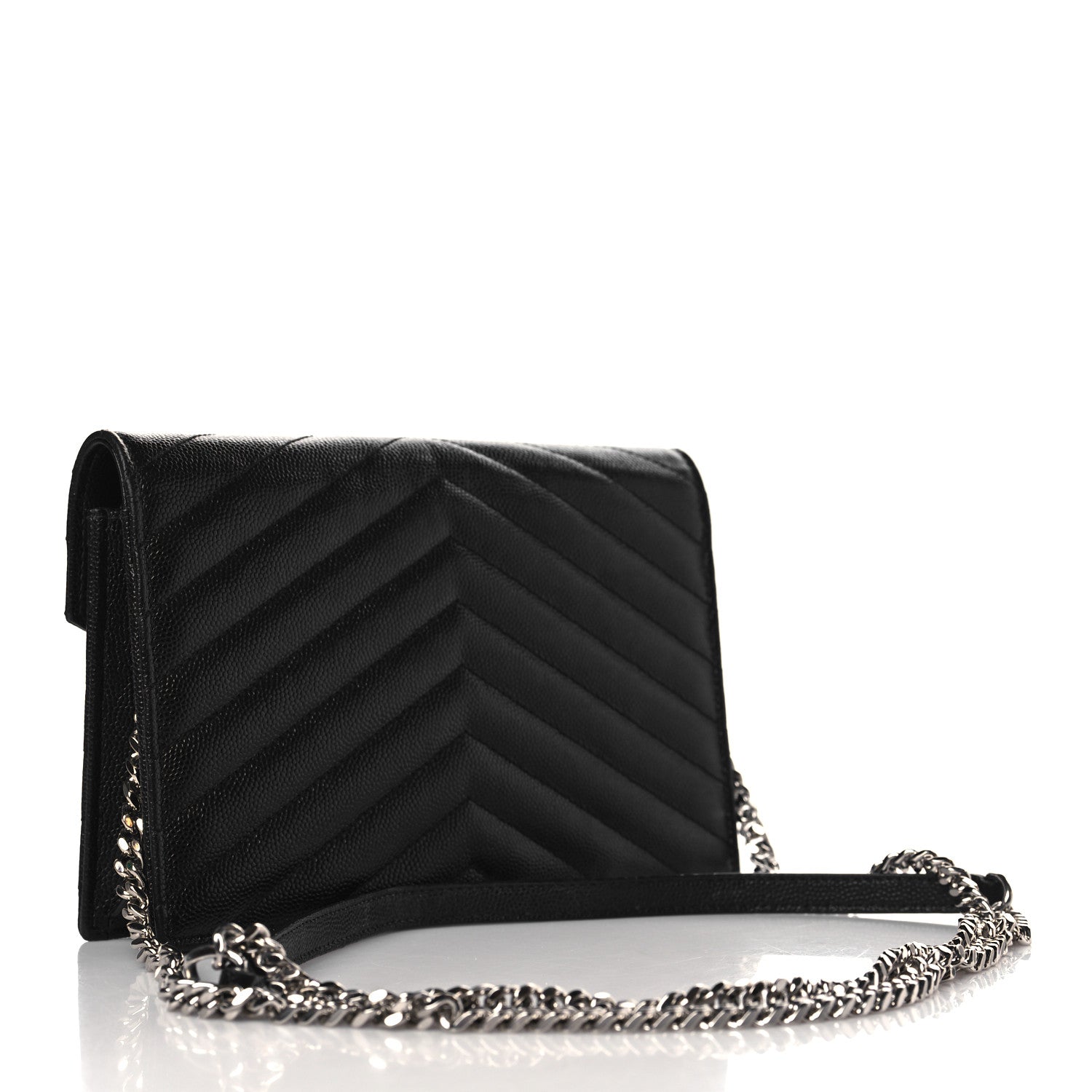 Saint Laurent Grain De Poudre Matelasse Chevron Monogram Envelope Chain Wallet Black 3 of 9