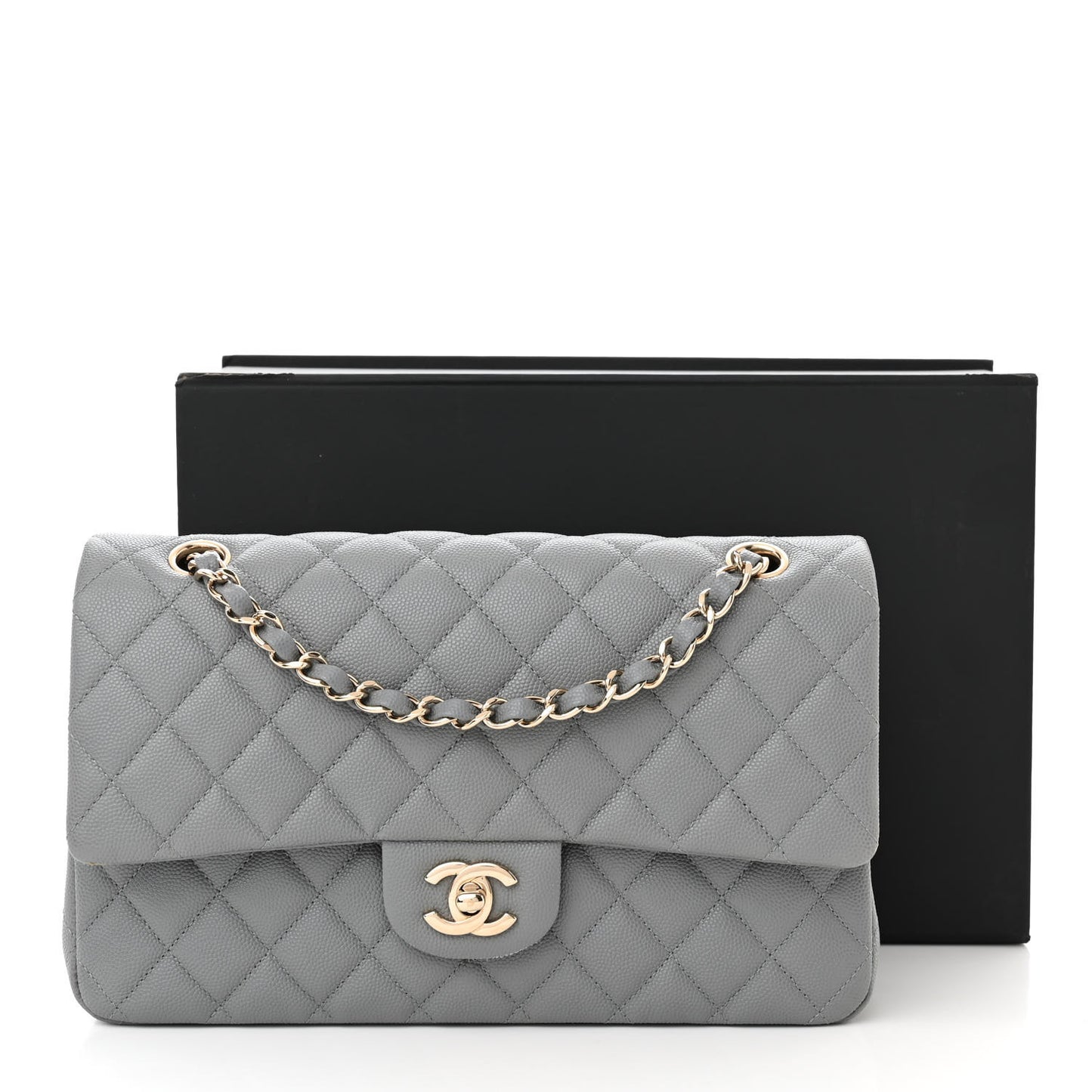 Caviar Quilted Medium Double Flap Grey