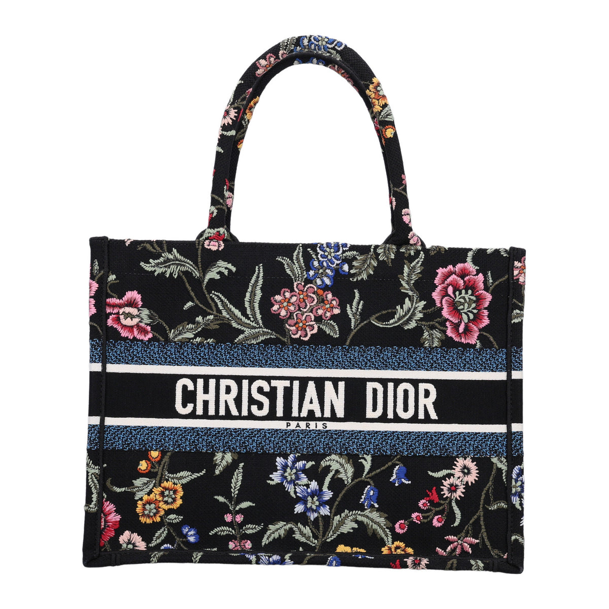 Canvas Embroidered Medium Petites Fleurs Book Tote Black Multicolor