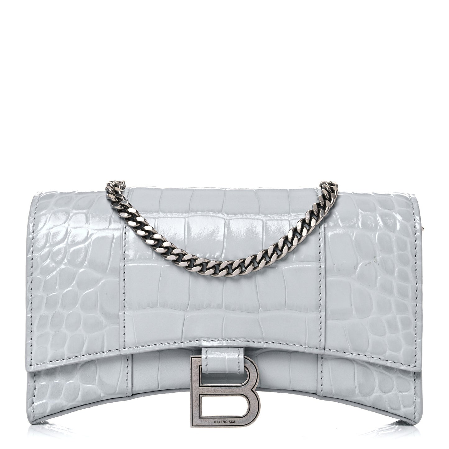 Shiny Calfskin Crocodile Embossed Hourglass Chain Bag Ash Blue