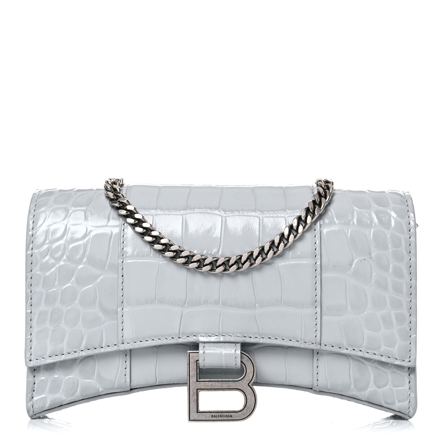 Balenciaga Shiny Calfskin Crocodile Embossed Hourglass Chain Bag Ash Blue 1 of 15