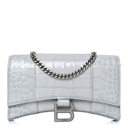 Balenciaga Shiny Calfskin Crocodile Embossed Hourglass Chain Bag Ash Blue 1 of 15
