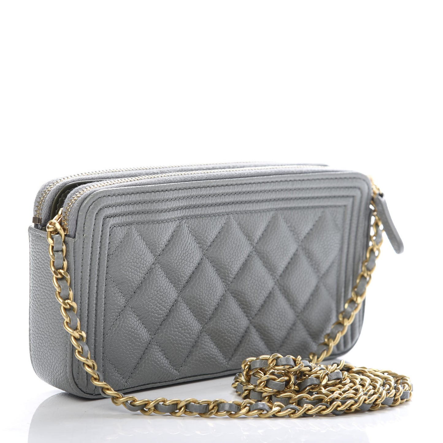 Caviar Quilted Small Boy Clutch With Chain Grey