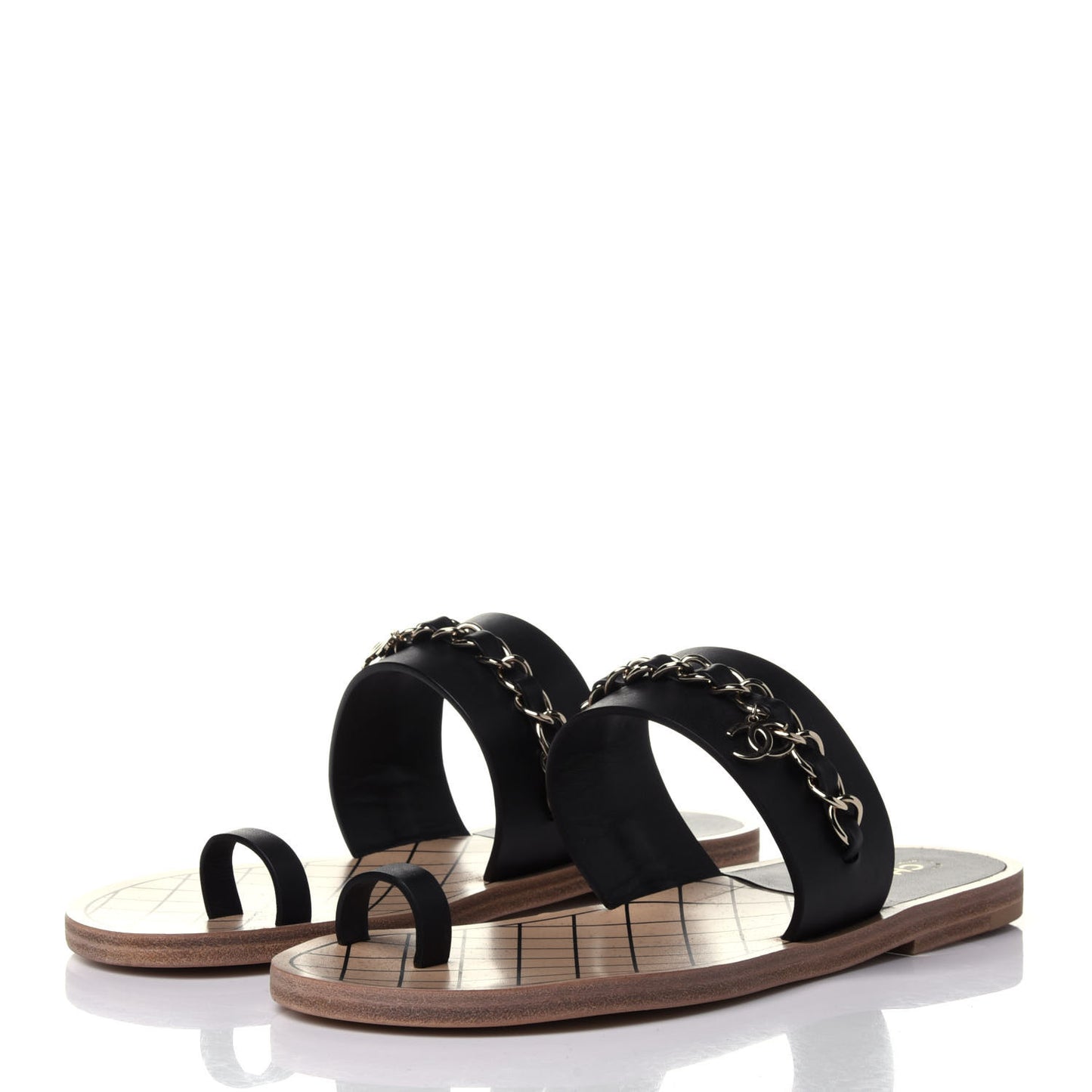 Calfskin Chain CC Logo Toe Ring Sandals 38.5 Black
