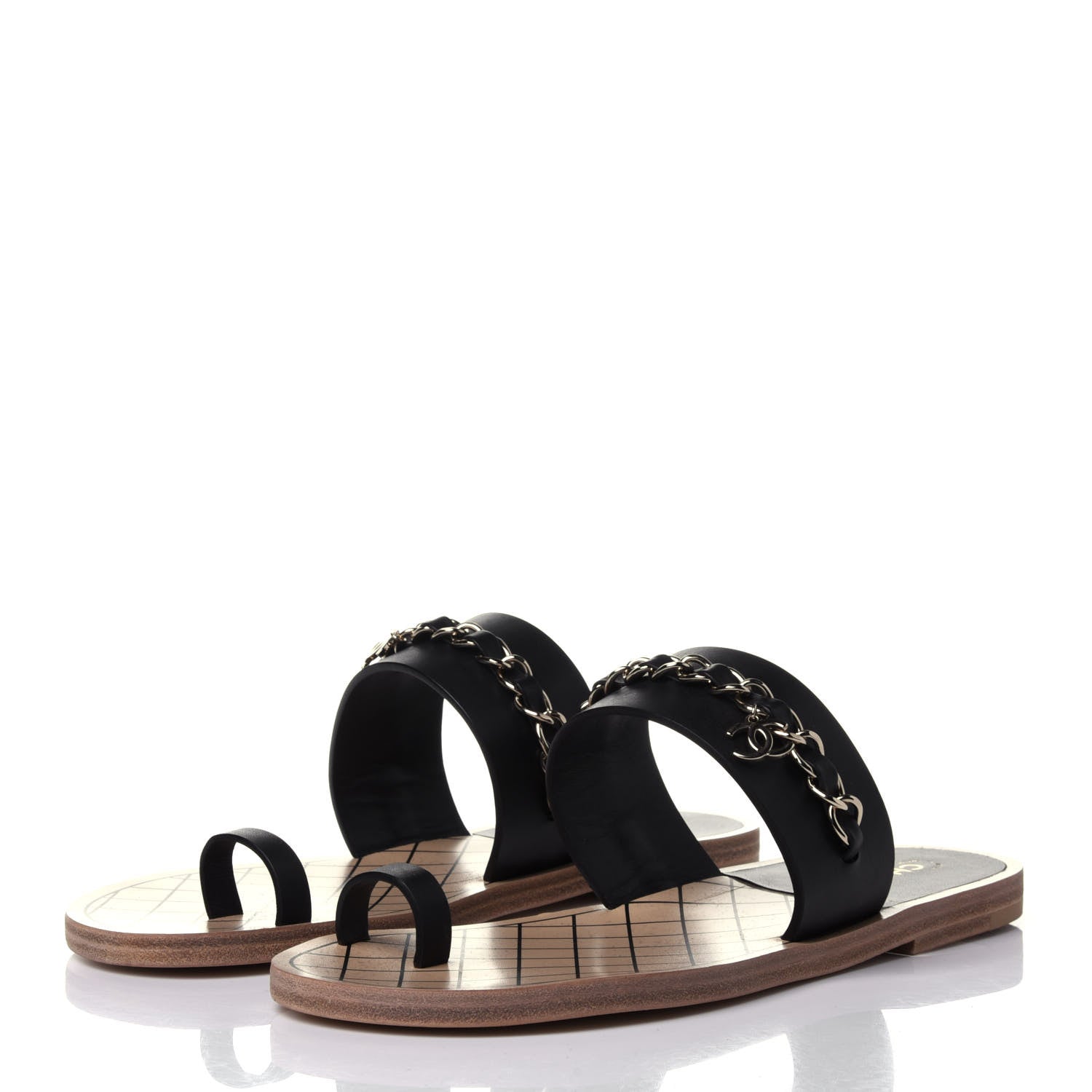 Chanel Calfskin Chain CC Logo Toe Ring Sandals 38.5 Black 3 of 12