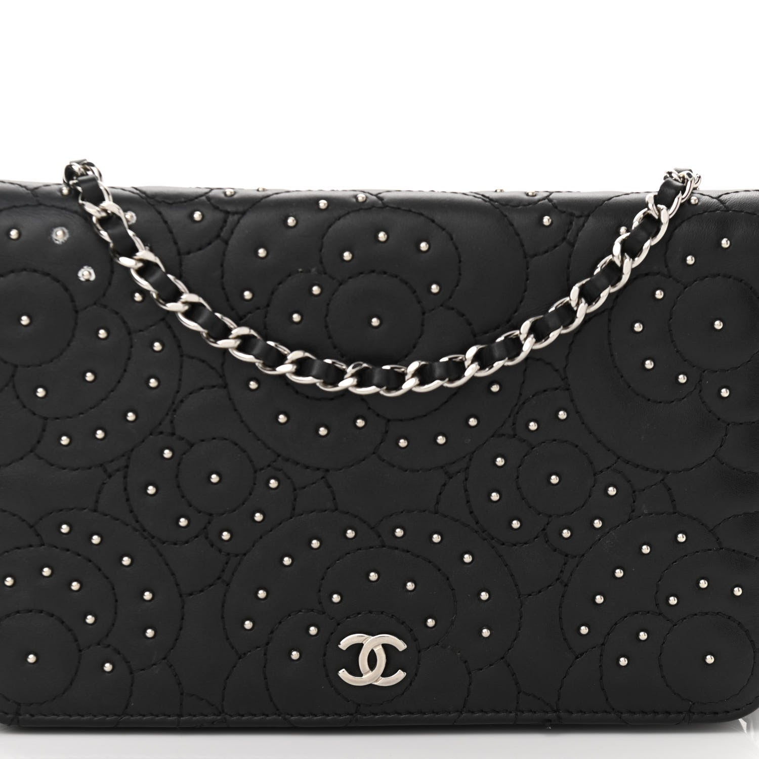 Chanel Lambskin Camellia Studded Wallet on Chain WOC Black 7 of 12