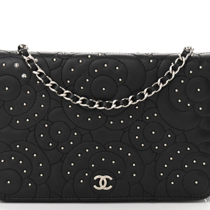 Chanel Lambskin Camellia Studded Wallet on Chain WOC Black 7 of 12