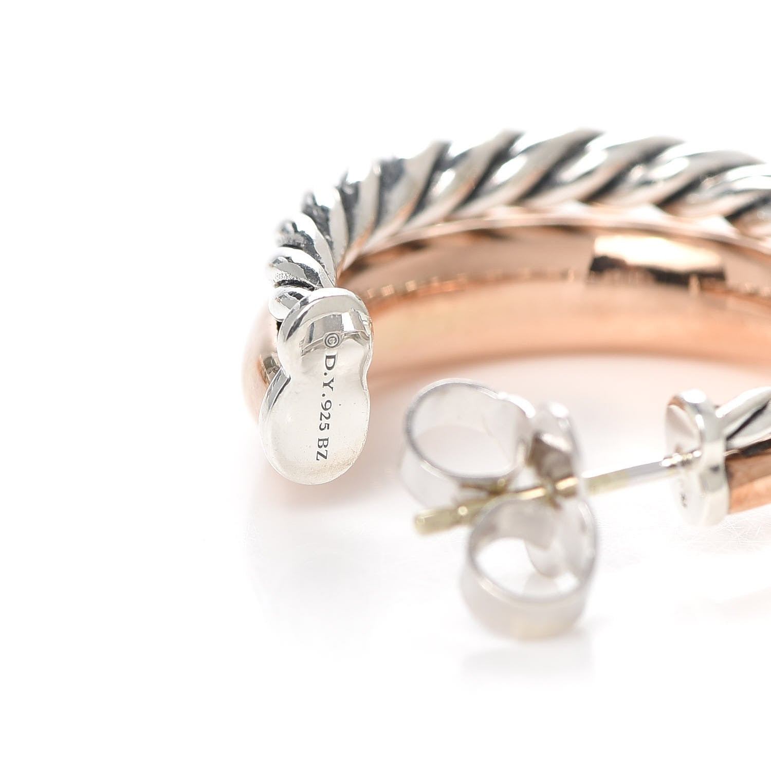 David Yurman Sterling Silver Bronze Diamond Pure Form Mixed Metal Hoop Earrings 4 of 4