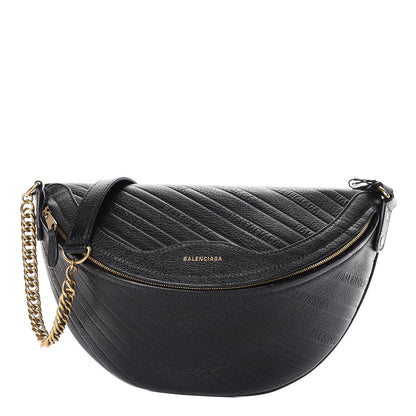 Balenciaga Shiny Goatskin Allover Logo Embossed XS Souvenir Belt Bag Black 1 of 10