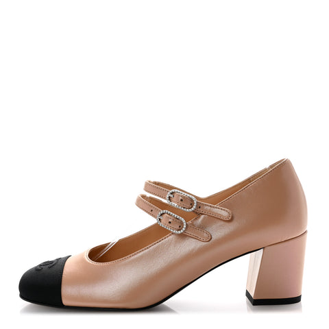 Iridescent Lambskin Grosgrain Pearl Mary Jane Pumps 37 Beige Black