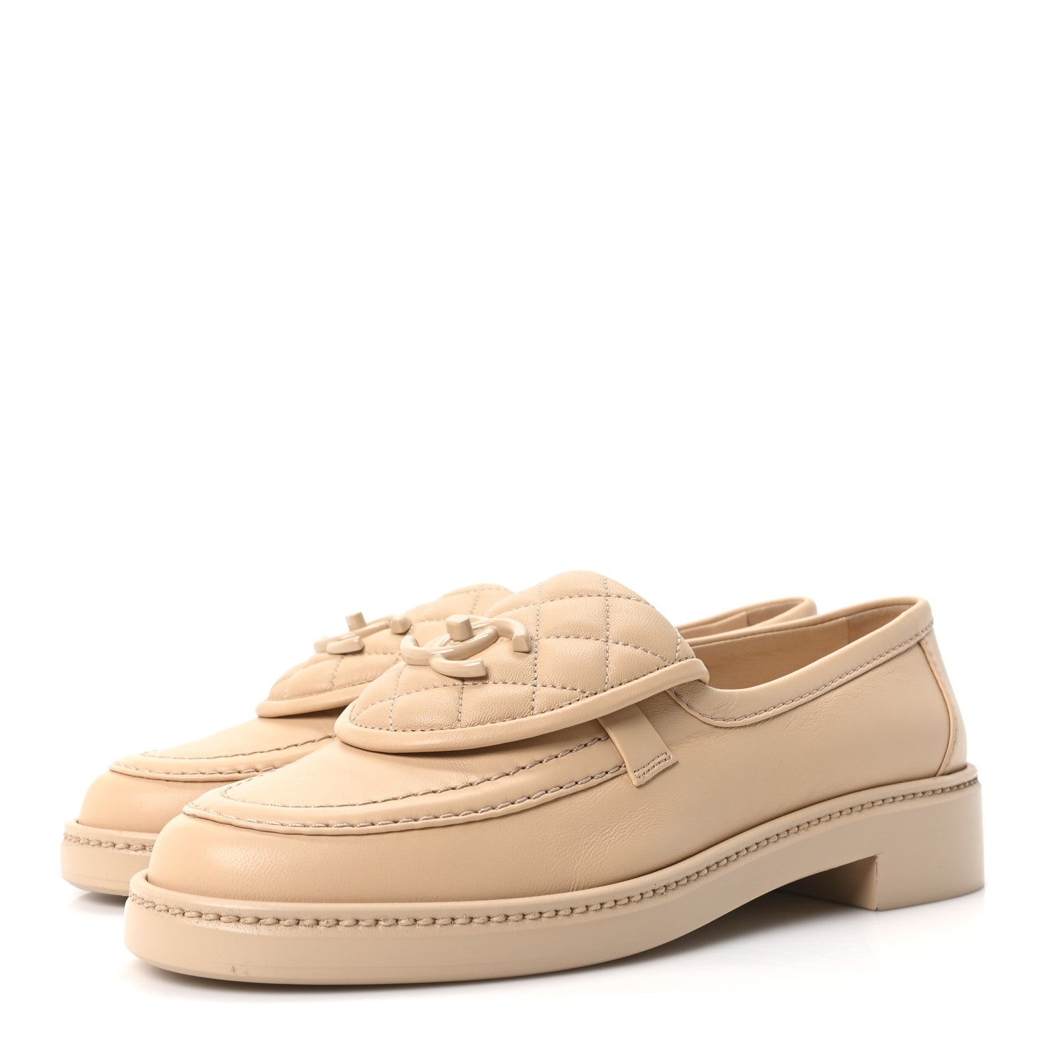 Chanel Lambskin Quilted CC Turnlock Loafers 37.5 Beige 4 of 10