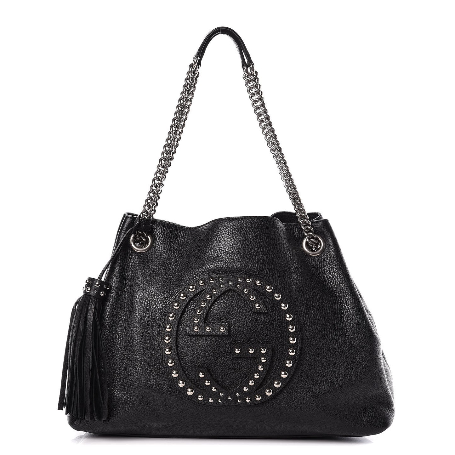 Pebbled Calfskin Studded Medium Soho Chain Shoulder Bag Black