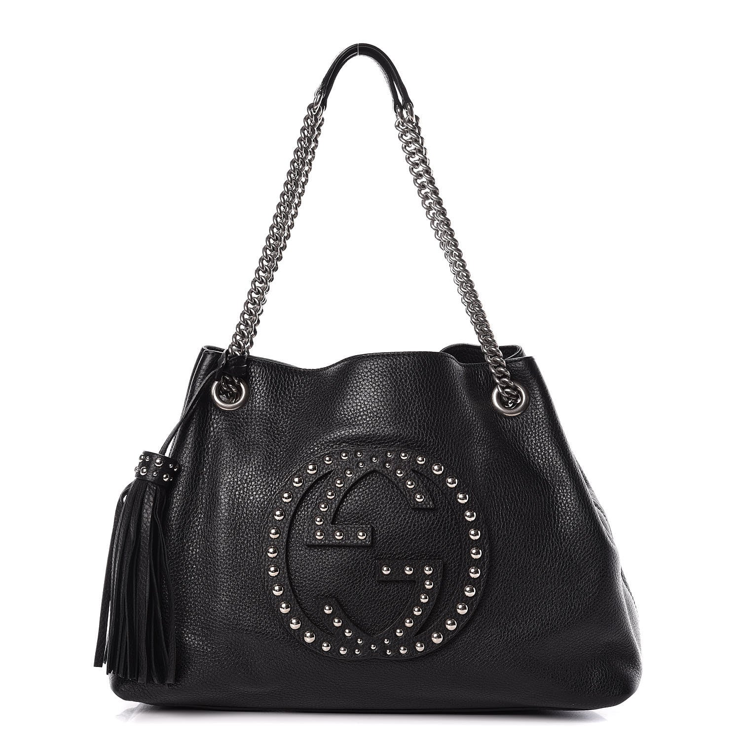 Gucci Pebbled Calfskin Studded Medium Soho Chain Shoulder Bag Black 1 of 14