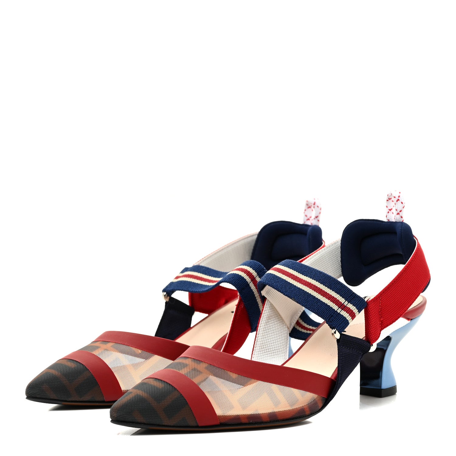 Fendi Technical Mesh FF Colibri 55mm Slingback Pumps 37 Tobacco Moro Zaffiro Ciliegia Rosso 3 of 13